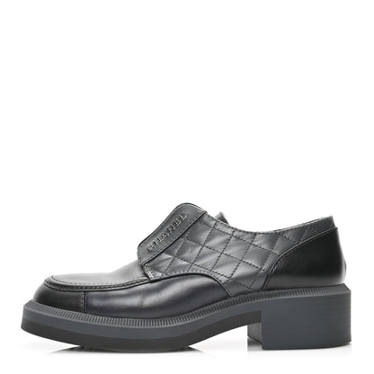 Chanel Calfskin Quilted Logo Lace Up Loafers 41 Black Grey 1 of 7