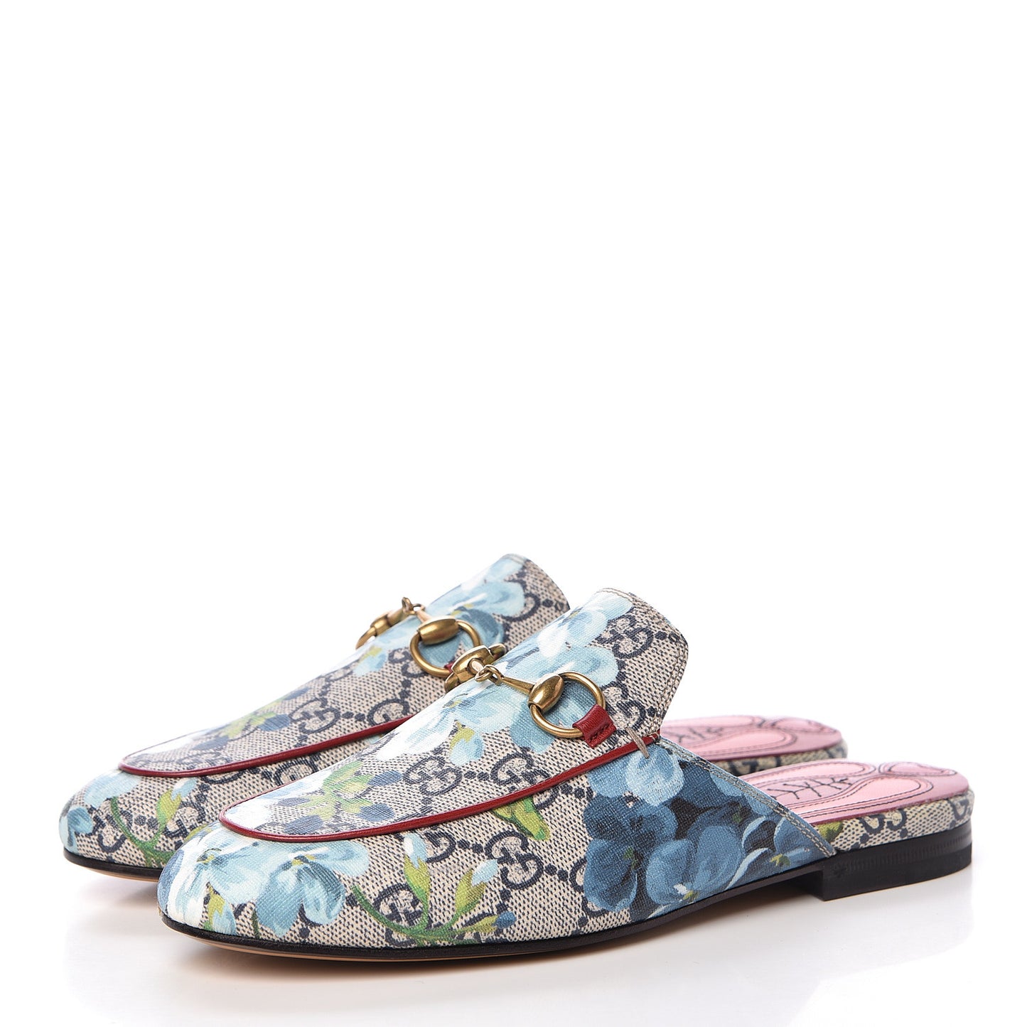 GG Supreme Monogram Blooms Womens Princetown Slippers 34 Beige Blue Navy Hibiscus Red