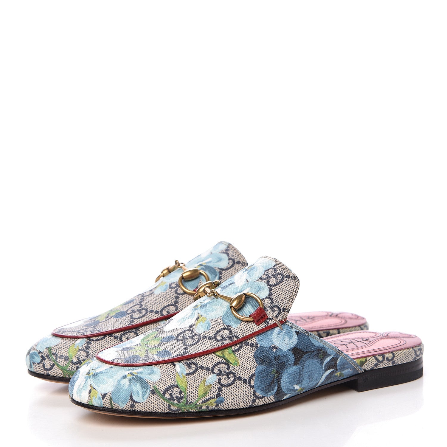 Gucci GG Supreme Monogram Blooms Womens Princetown Slippers 34 Beige Blue Navy Hibiscus Red 3 of 8