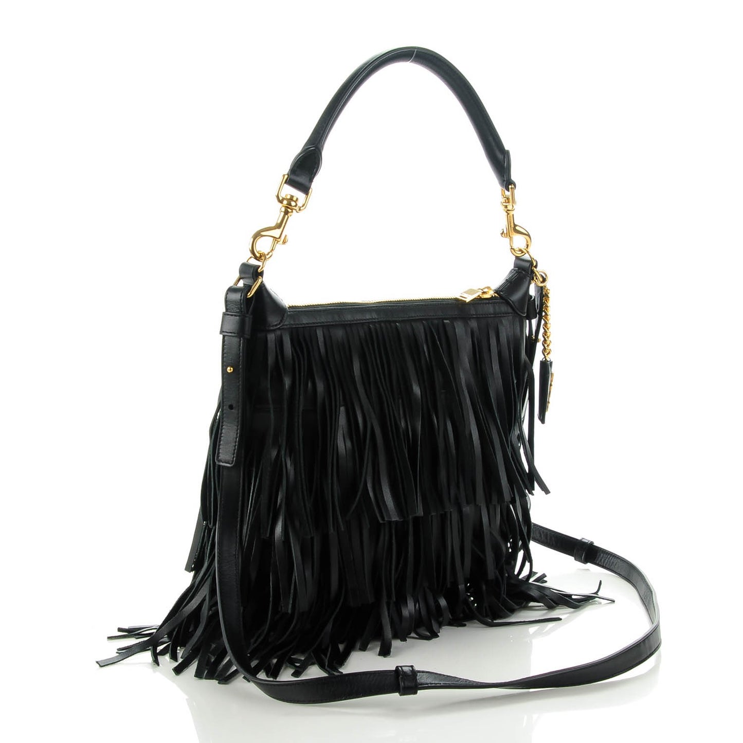 Calfskin Small Emmanuelle Fringed Hobo Black
