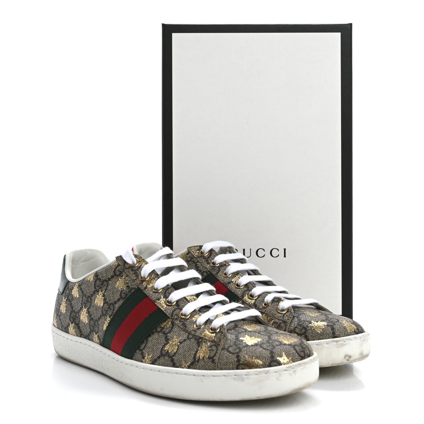 GG Supreme Monogram Bees Ayers Web Womens Ace Sneakers 38.5 Beige Oro Green Red