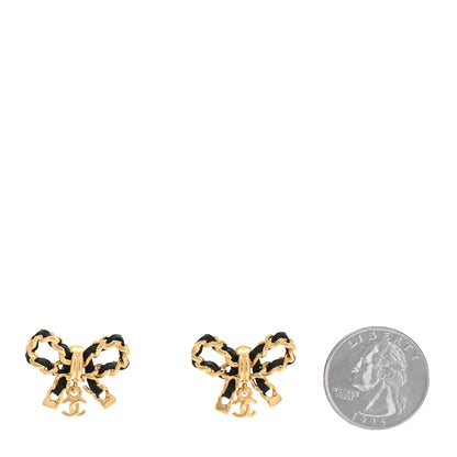 Chanel Lambskin Chain Bow Stud Earrings Black Gold 2 of 4