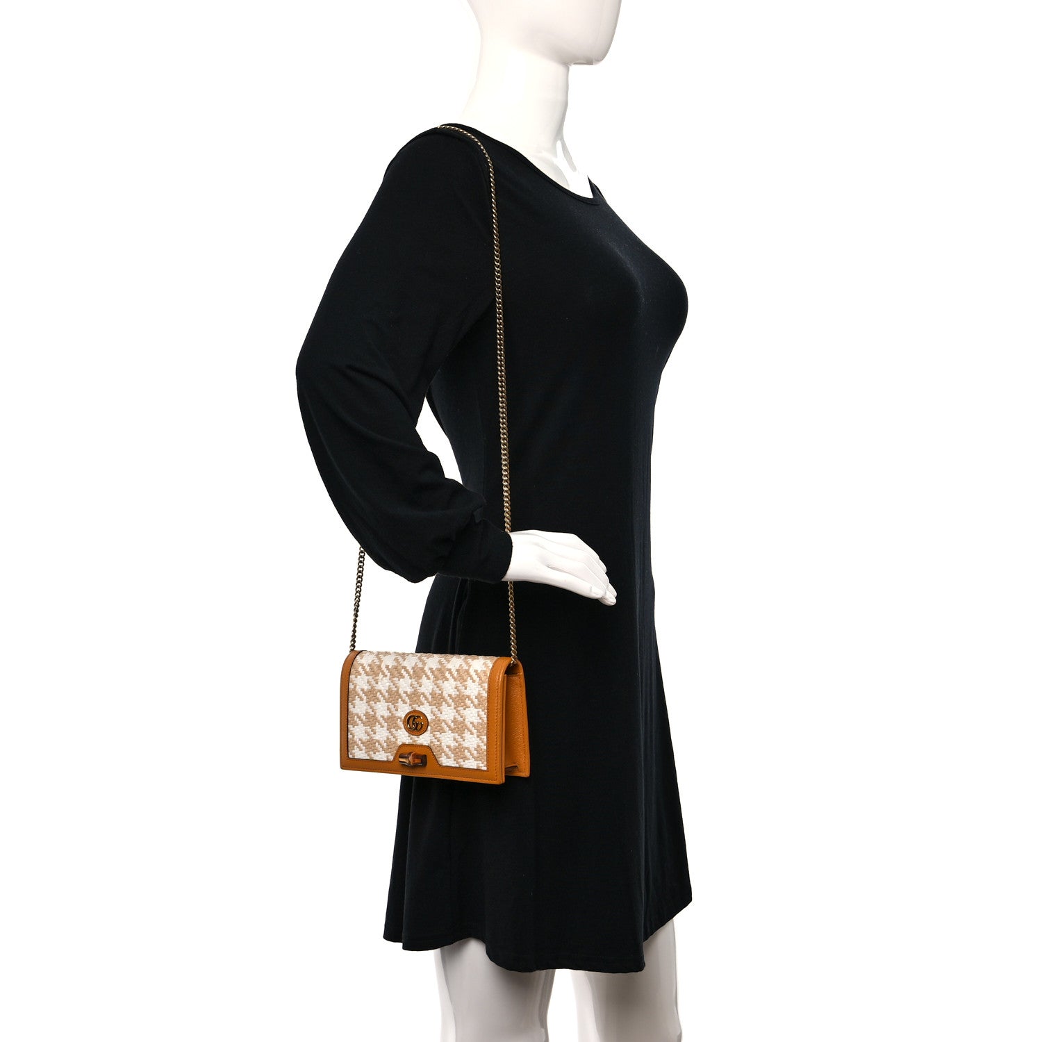 Gucci Polished Raffia Textured Dollar Calfskin Houndstooth Mini Diana Chain Bag Natural Sun Oil Mystic White 1 of 9