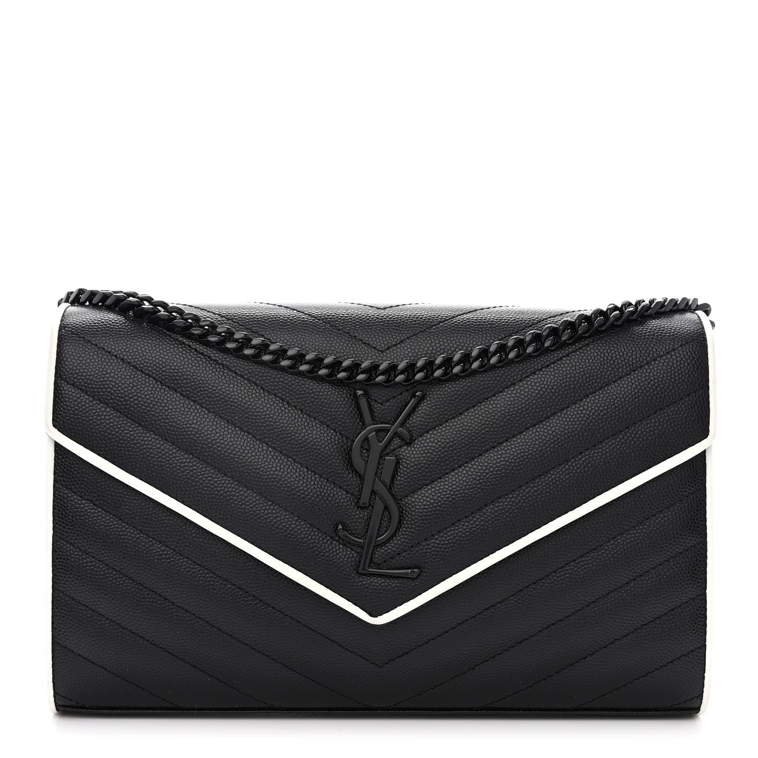Saint Laurent Grain De Poudre Matelasse Chevron Monogram Chain Wallet Black White 1 of 9