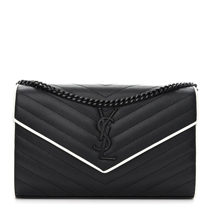Saint Laurent Grain De Poudre Matelasse Chevron Monogram Chain Wallet Black White 1 of 9