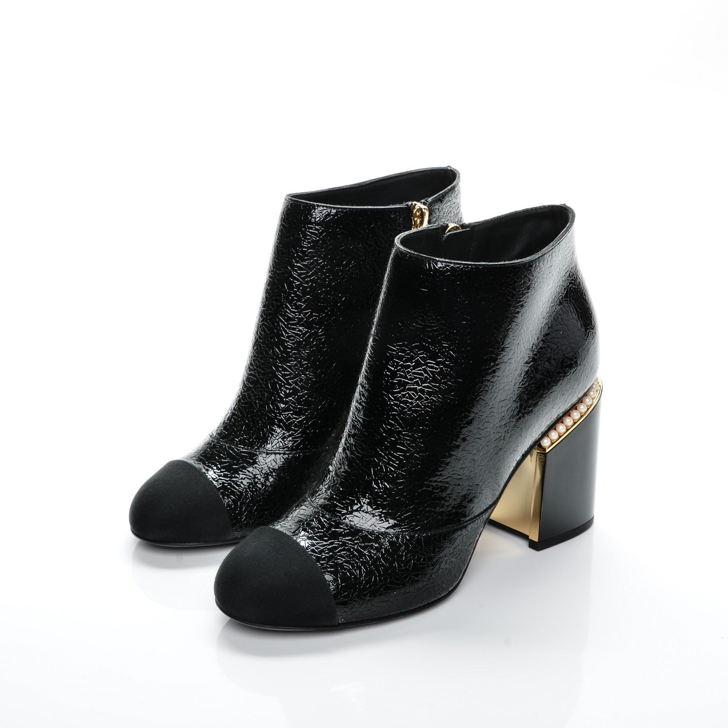 Chanel Crinkled Calfskin Grosgrain Pearl CC Cap Toe Ankle Booties 38.5 Black 3 of 7