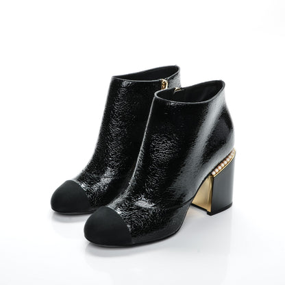 Chanel Crinkled Calfskin Grosgrain Pearl CC Cap Toe Ankle Booties 38.5 Black 3 of 7