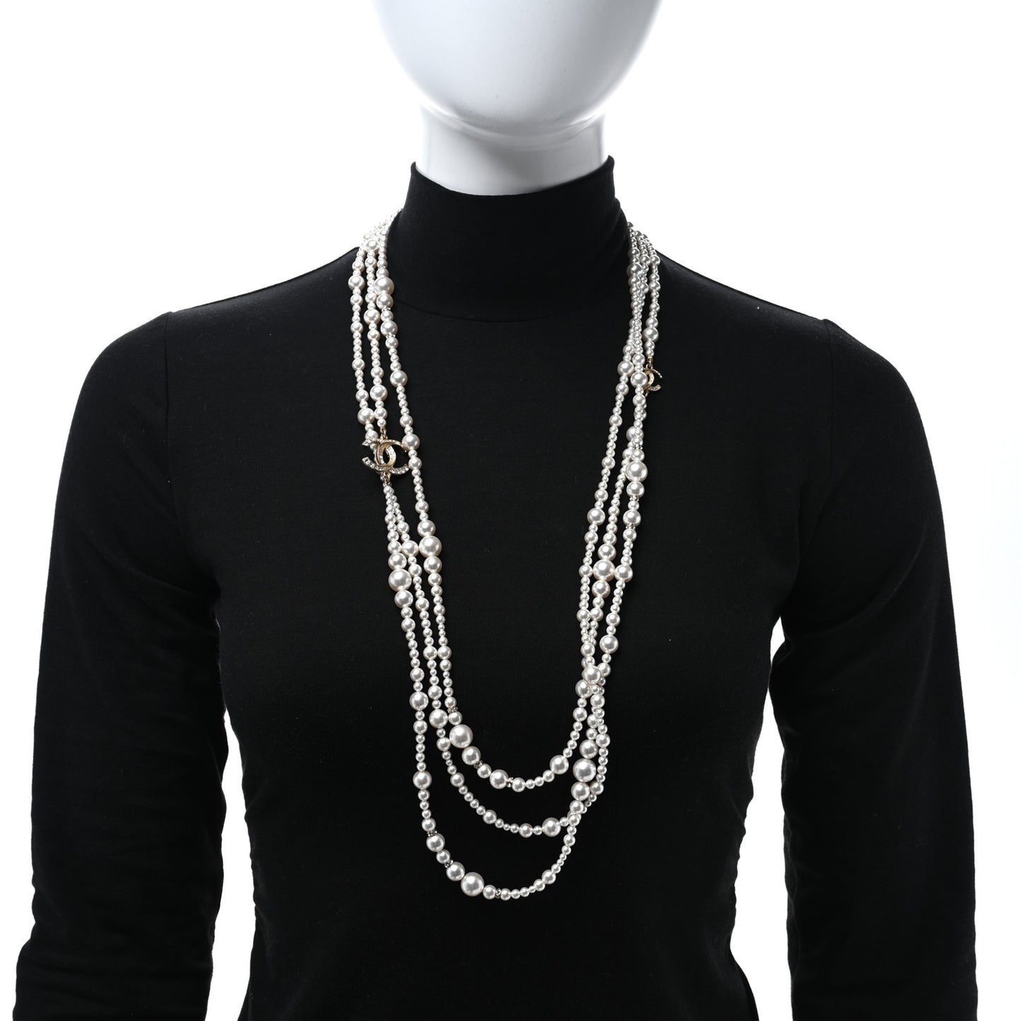Graduated Pearl Crystal CC Multi Strand Necklace Gold