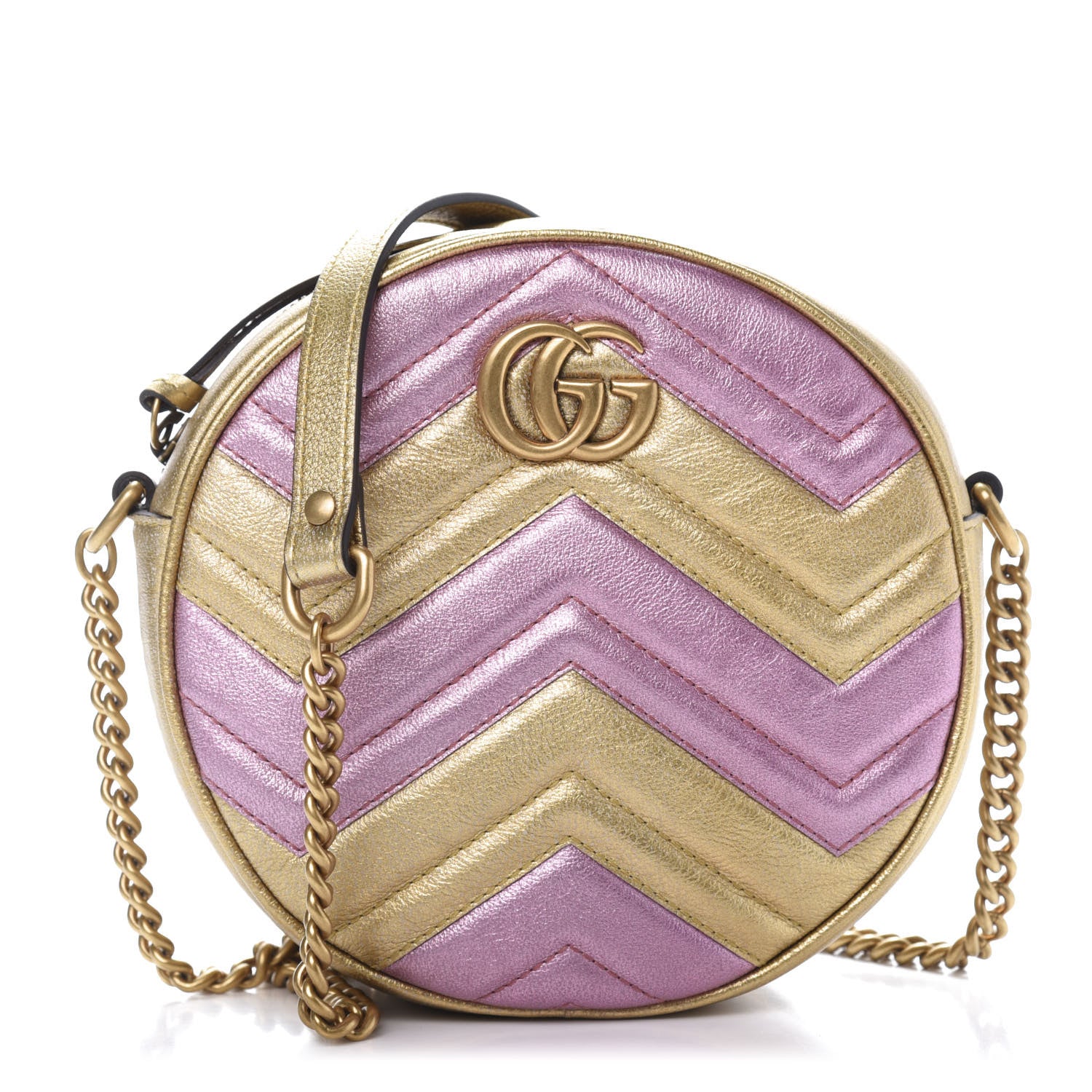 Gucci Metallic Calfskin Matelasse Mini GG Marmont Round Shoulder Bag Gold Pink 1 of 11