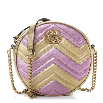 Gucci Metallic Calfskin Matelasse Mini GG Marmont Round Shoulder Bag Gold Pink 1 of 11