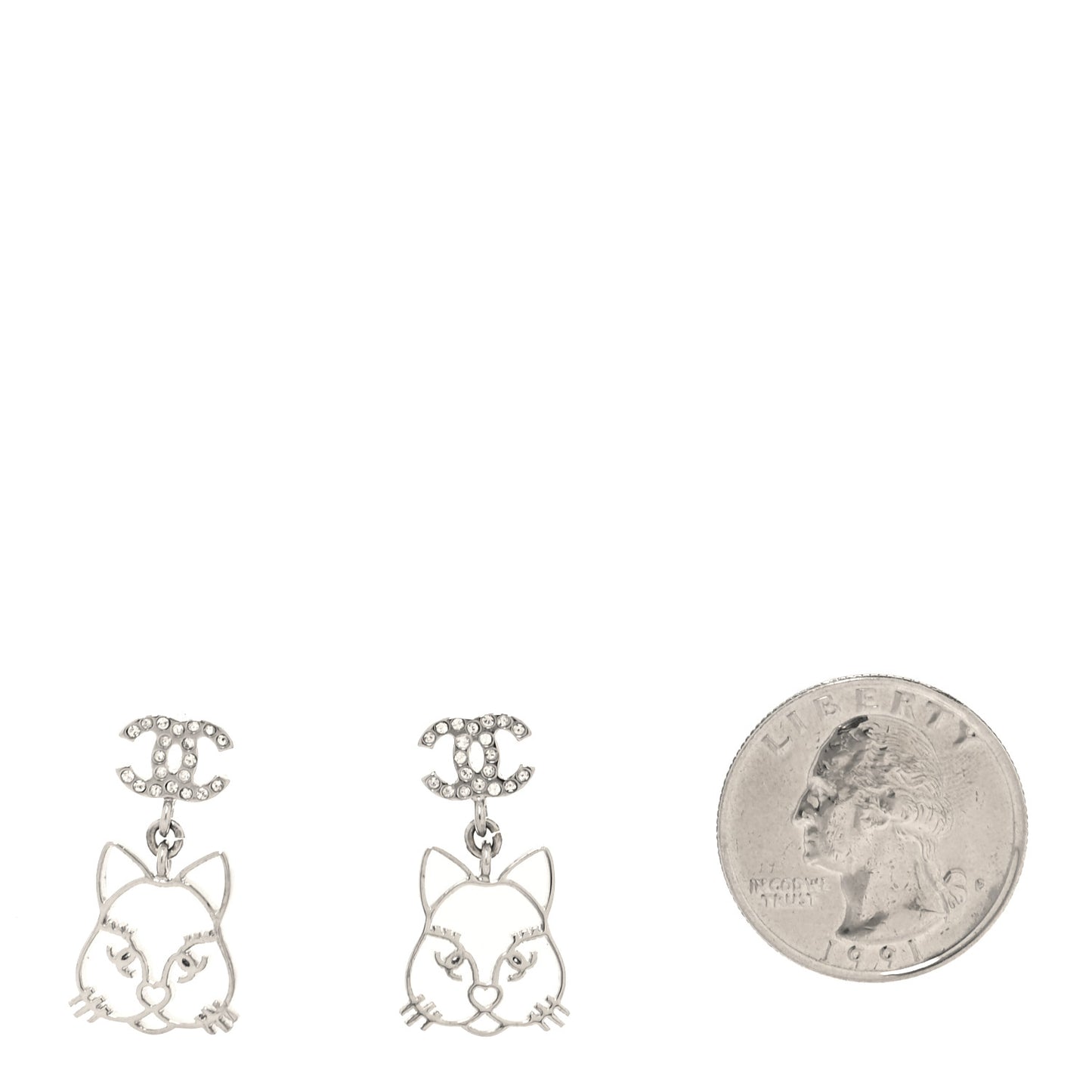 Crystal Emoji Choupette Cat CC Earrings Silver