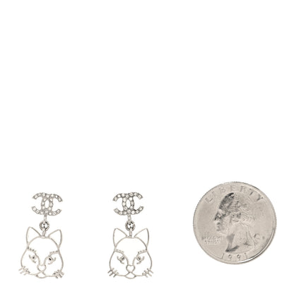 Chanel Crystal Emoji Choupette Cat CC Earrings Silver 2 of 4