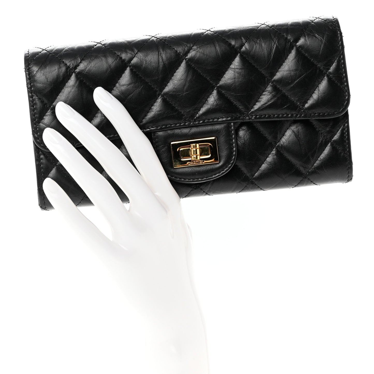 Crumpled Calfskin Quilted Large Reissue Gusset Flap Wallet Black
