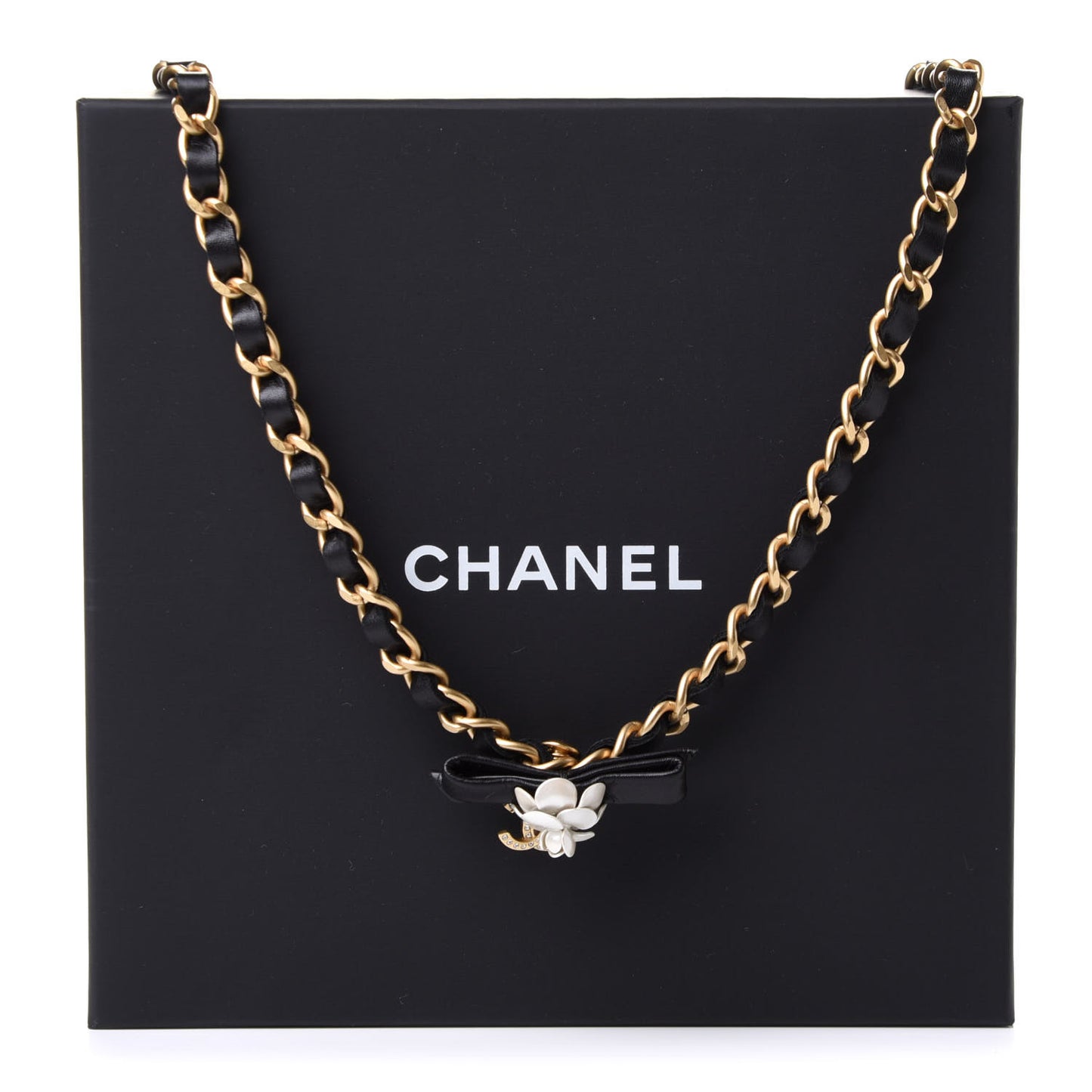 Calfskin Crystal Chain Camellia Belt 85 Black Gold
