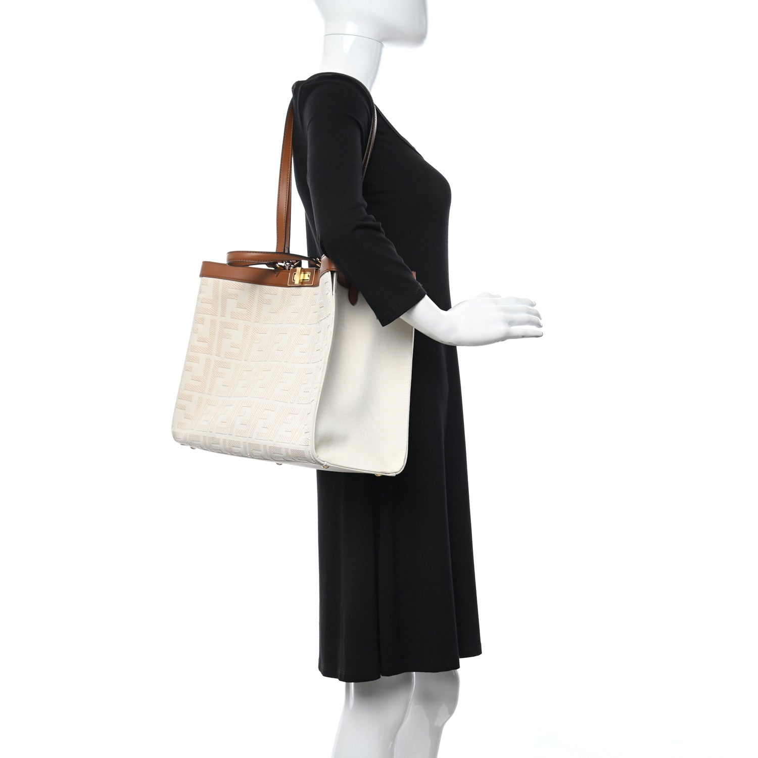 Fendi Canvas Vitello King FF Embroidered Medium Peekaboo X-Tote Grezzo Cuoio 2 of 11
