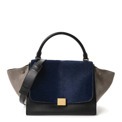 Celine Pony Hair Smooth Calfskin Tri-Color Medium Trapeze Blue Taupe Black 1 of 9