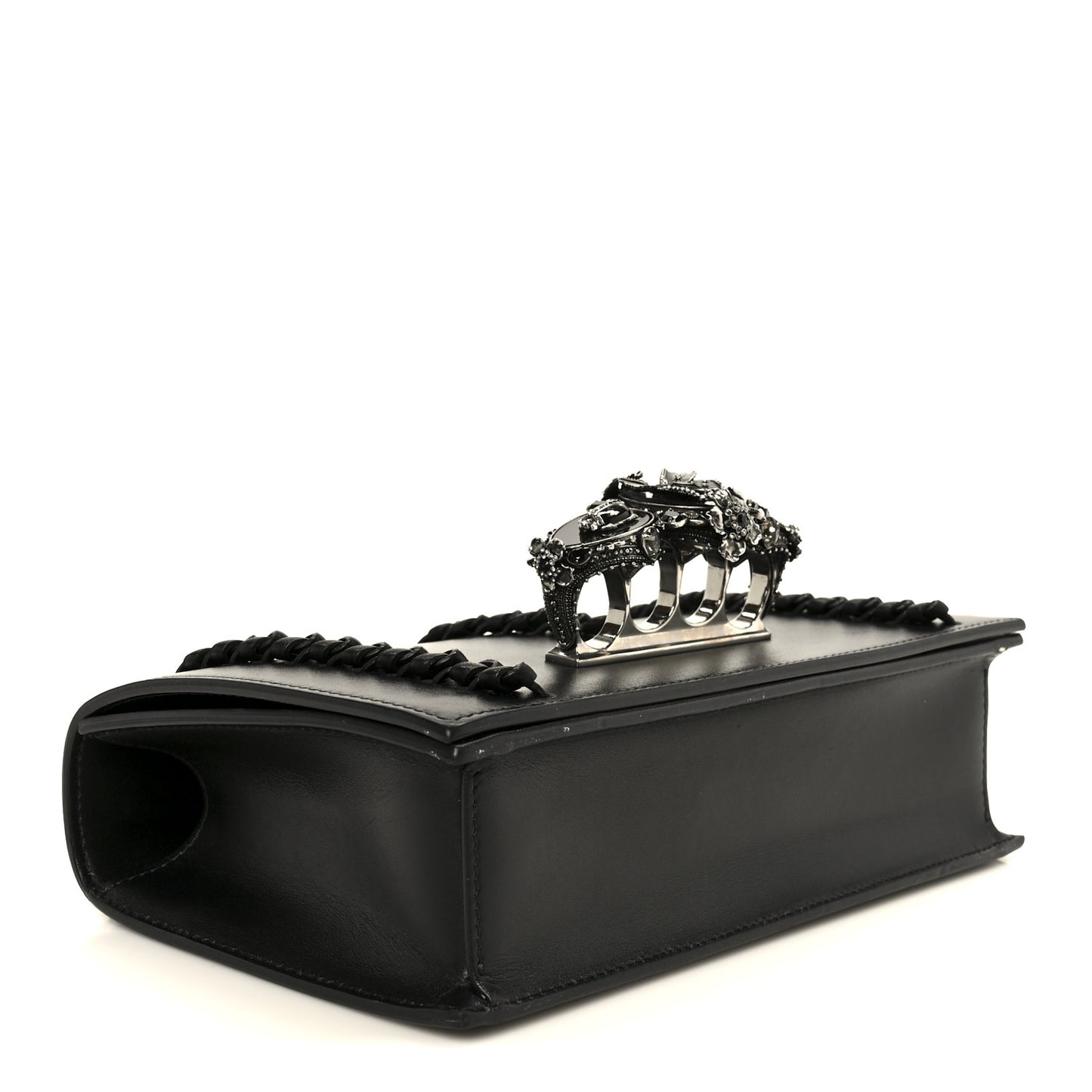 Calfskin Stitched Butterfly Jeweled Knuckle Satchel Black