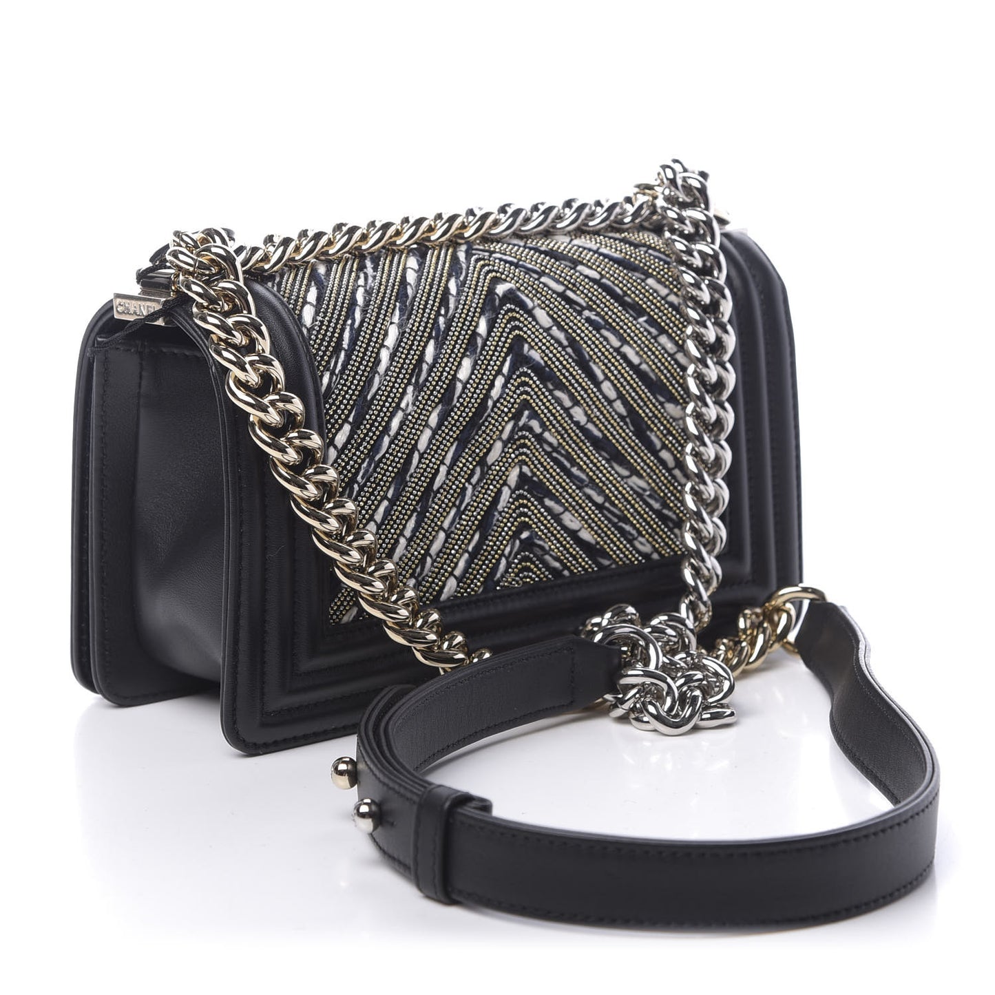 Calfskin Tweed Chain Chevron Small Boy Flap Black