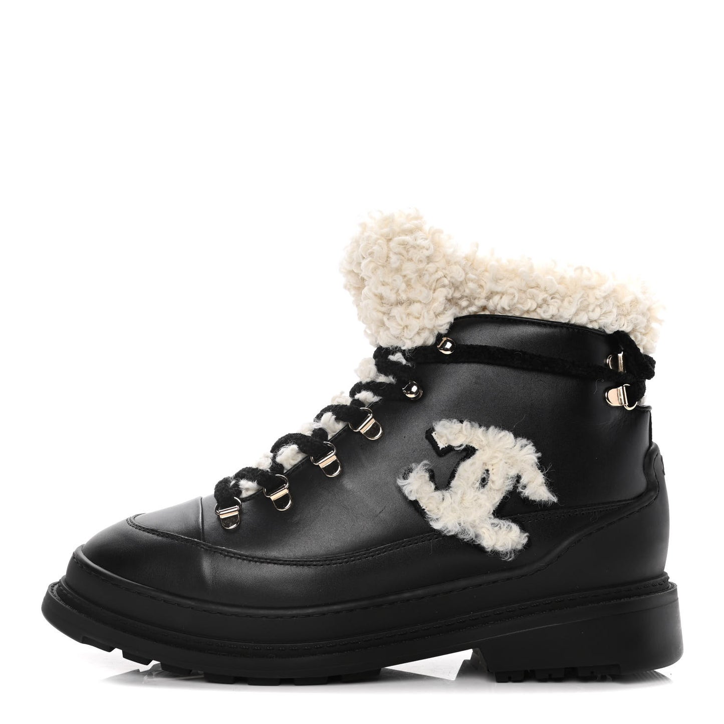 Calfskin Shearling CC Lace Up Boots 40.5 Black