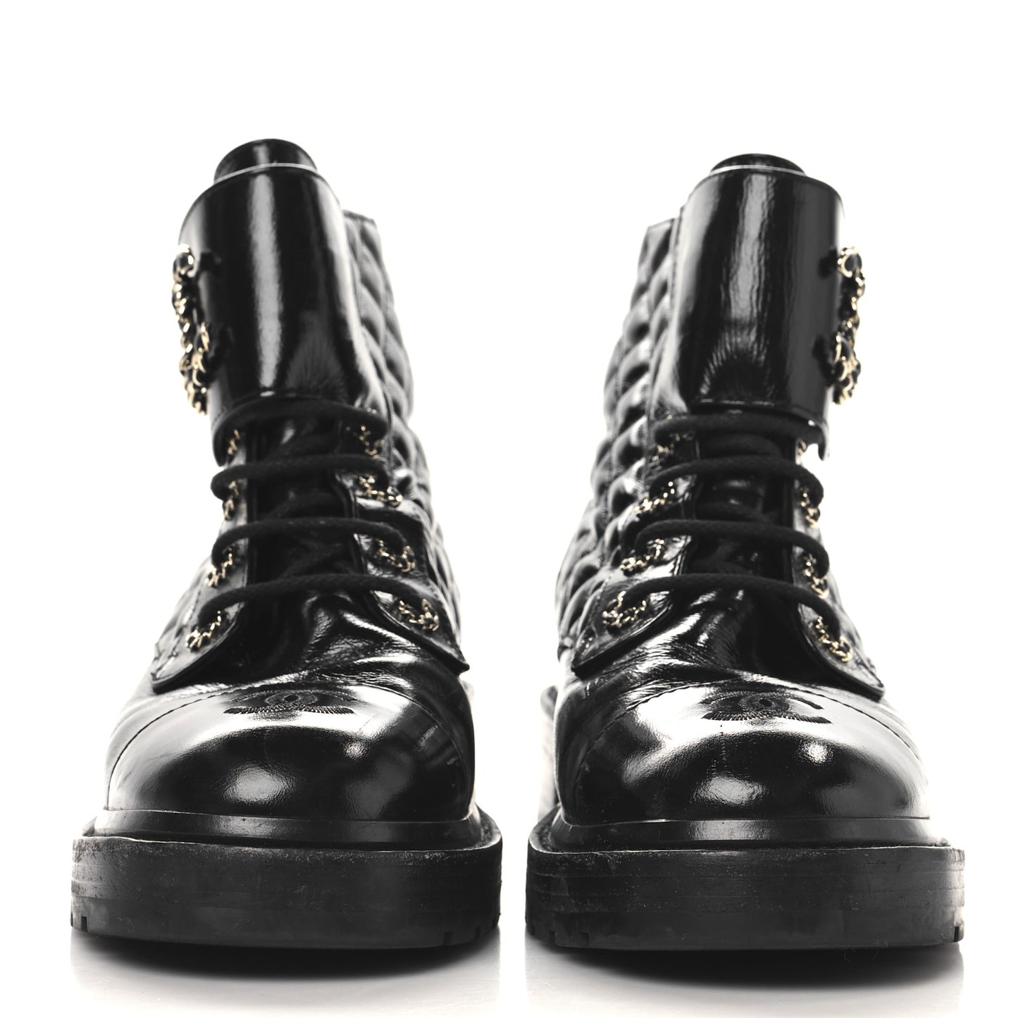 Crumpled Patent Lambskin Calfskin Quilted Lace Up Combat Boots 39.5 Black