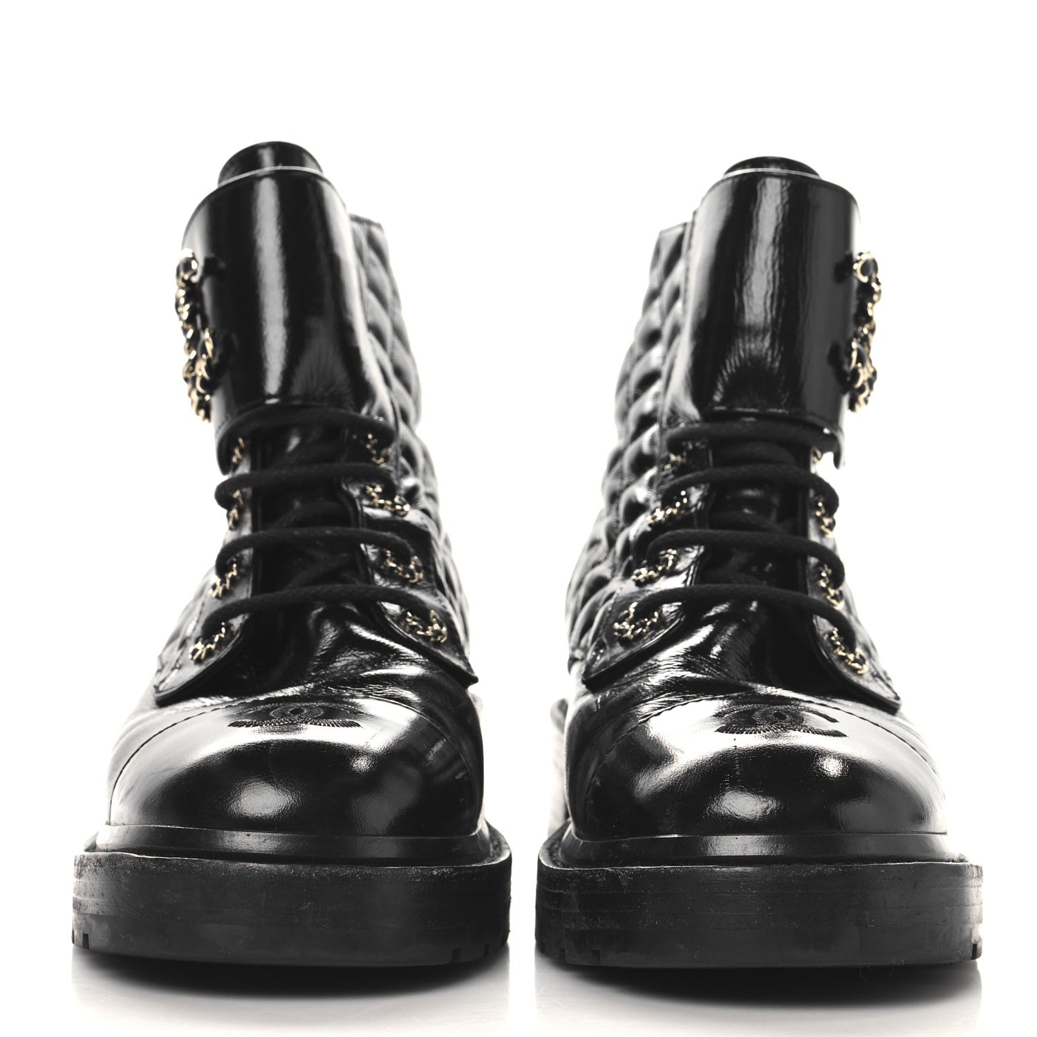 Chanel Crumpled Patent Lambskin Calfskin Quilted Lace Up Combat Boots 39.5 Black 3 of 7