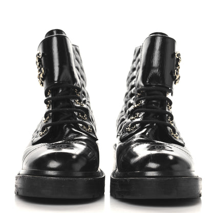 Chanel Crumpled Patent Lambskin Calfskin Quilted Lace Up Combat Boots 39.5 Black 3 of 7