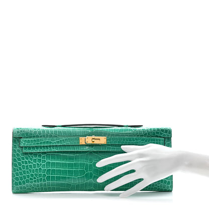Hermes Shiny Porosus Crocodile Kelly Cut Pochette Vert Jade 2 of 8
