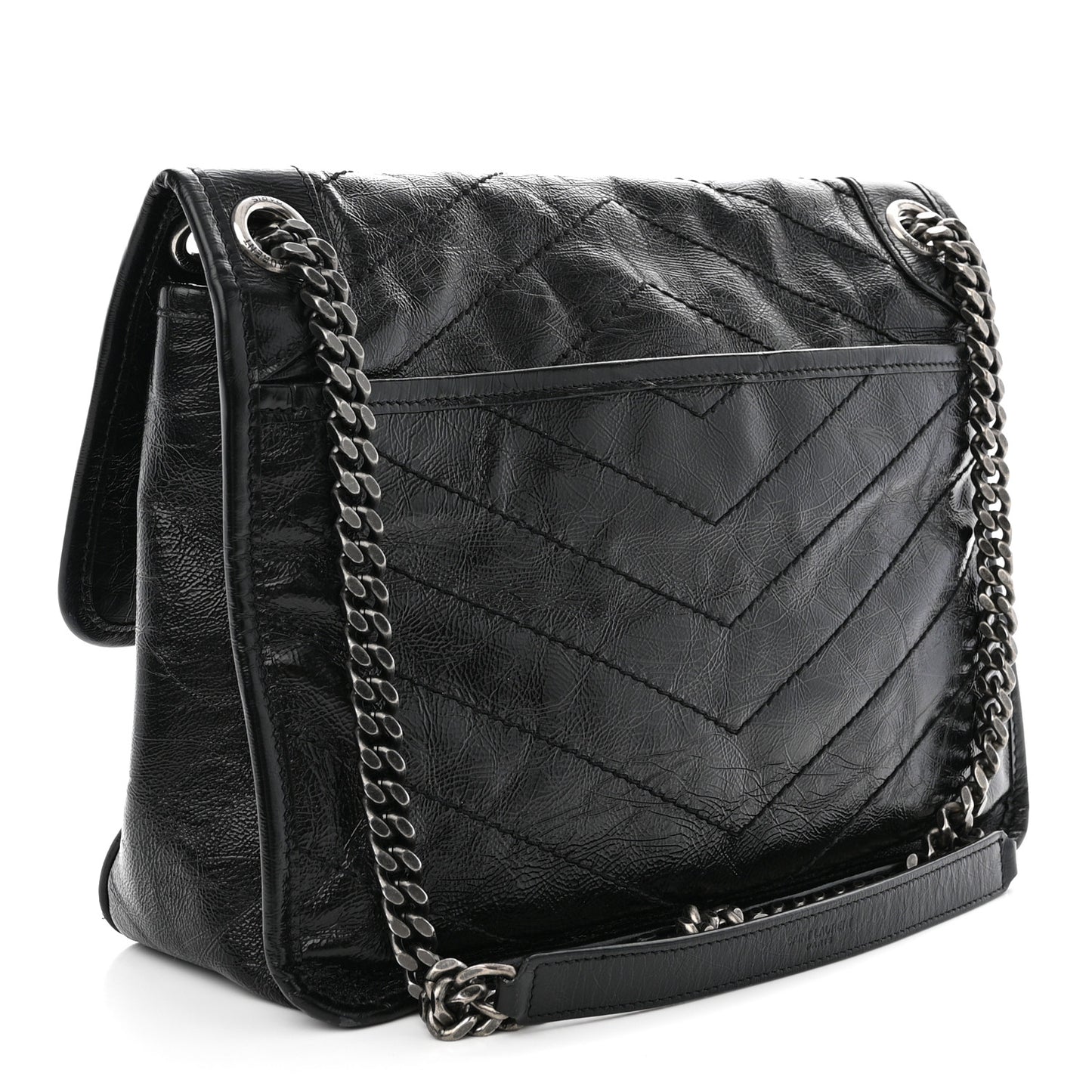 Crinkled Calfskin Matelasse Monogram Medium Niki Chain Satchel Black