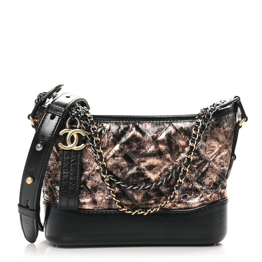 Metallic Crumpled Goatskin Quilted Small Gabrielle Hobo Black Rose Gold