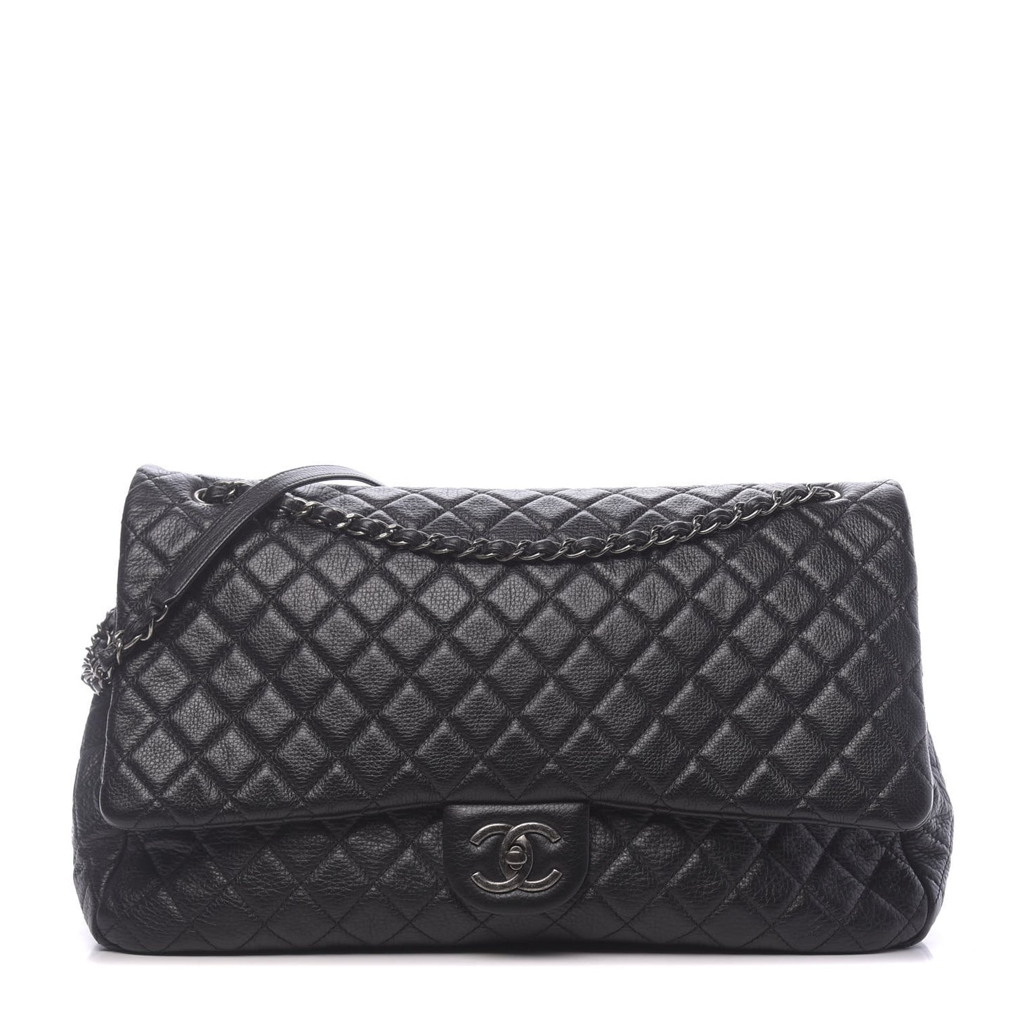 Calfskin Quilted XXL Travel Flap Bag Black