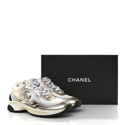 Chanel Fabric Laminated Calfskin Stretch CC Womens Sneakers 38 White Gold Silver 9 of 9