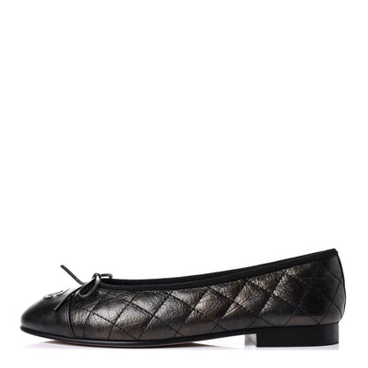 Chanel Metallic Aged Calfskin Quilted CC Cap Toe Ballerina Flats 36.5 Dark Silver 1 of 6
