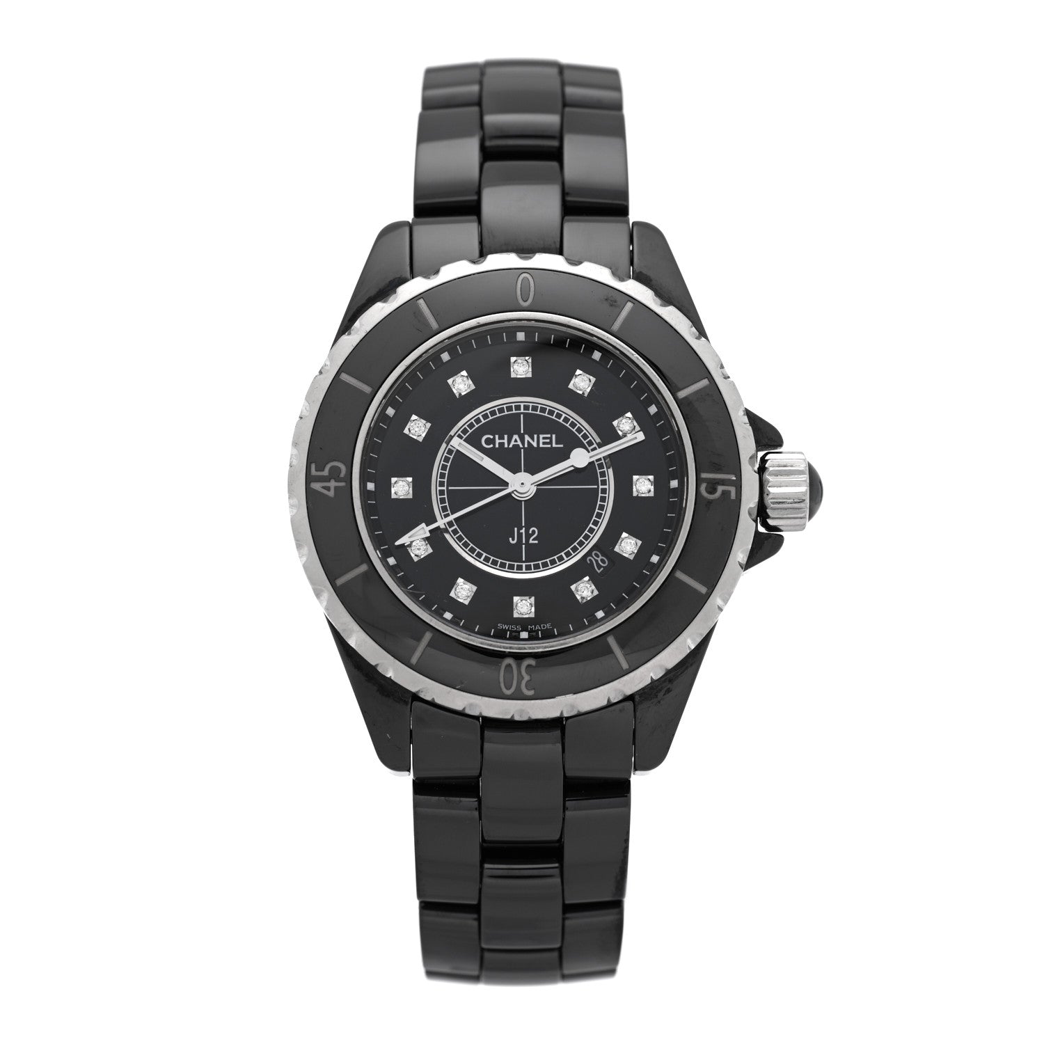 Chanel Stainless Steel Ceramic Diamond 33mm J12 Quartz Watch Black 1 of 5