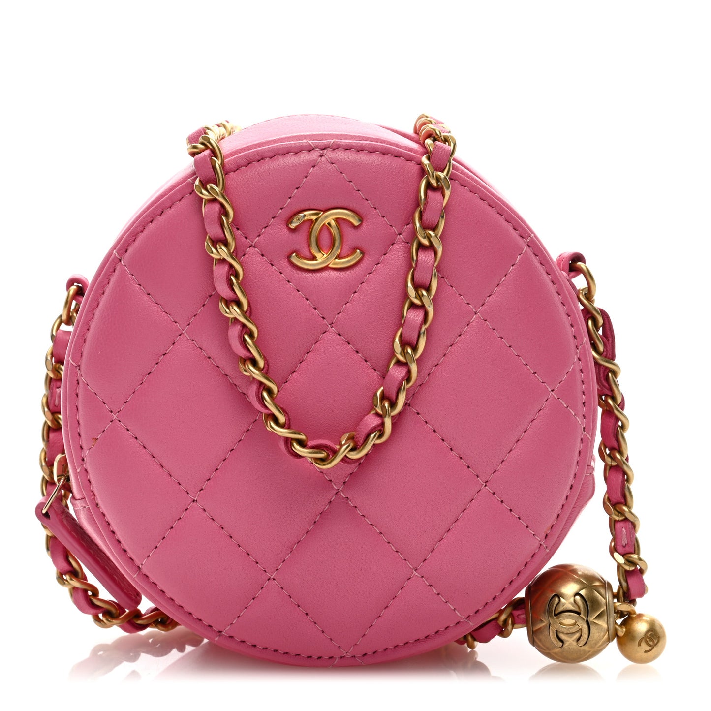 Lambskin Quilted Round Pearl Crush Clutch With Chain Pink