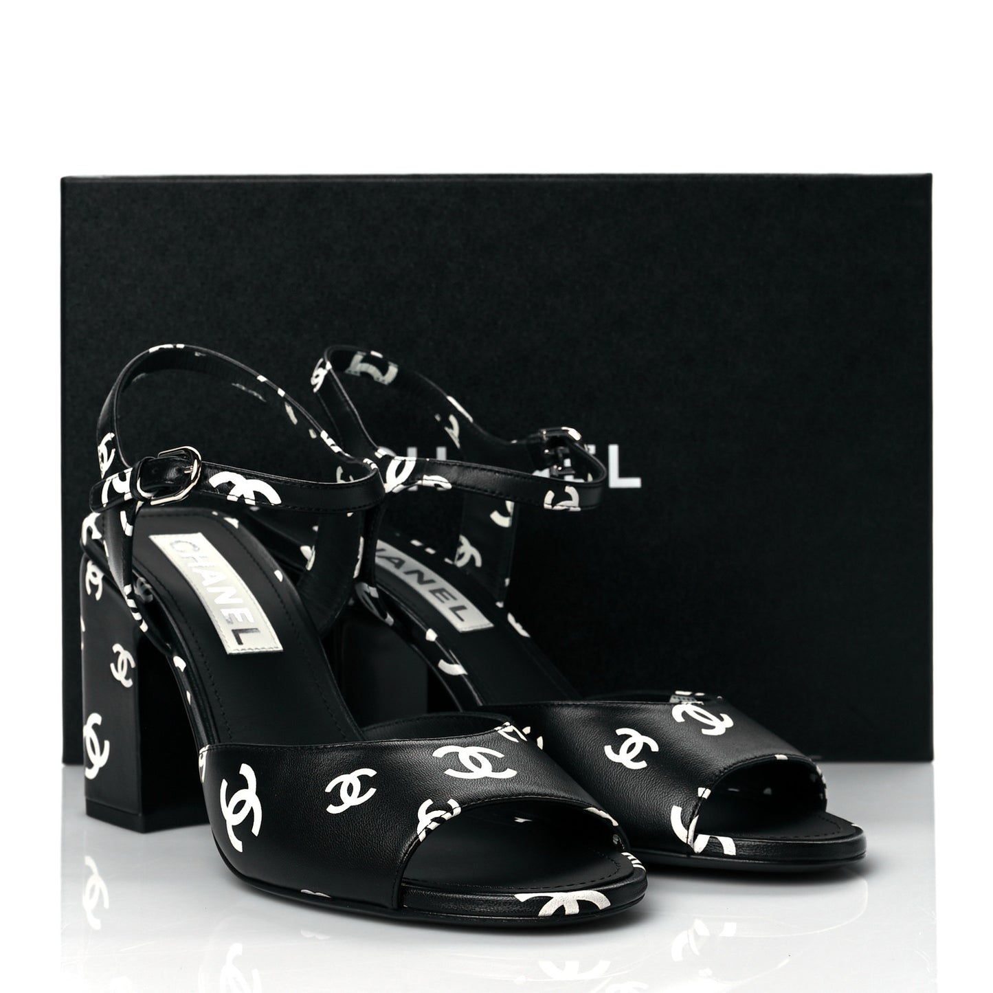 Lambskin Printed CC Sandals 39.5 Black White