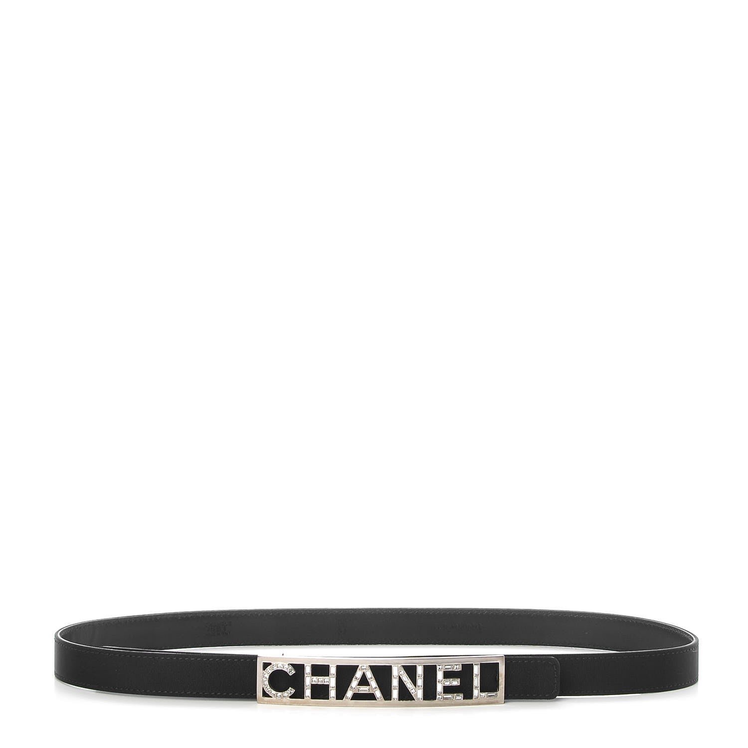 Chanel Grosgrain Lambskin Crystal Baguette Logo Belt 85 34 Black 1 of 10