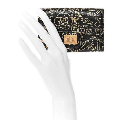 Chanel Calfskin Crocodile Embossed Graffiti 2.55 Crocodile Reissue Flap Card Holder Black Gold 2 of 9