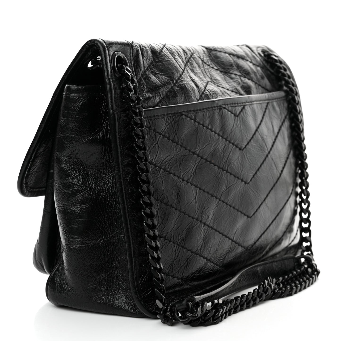 Crinkled Calfskin Matelasse Monogram Medium Niki Chain Satchel Black