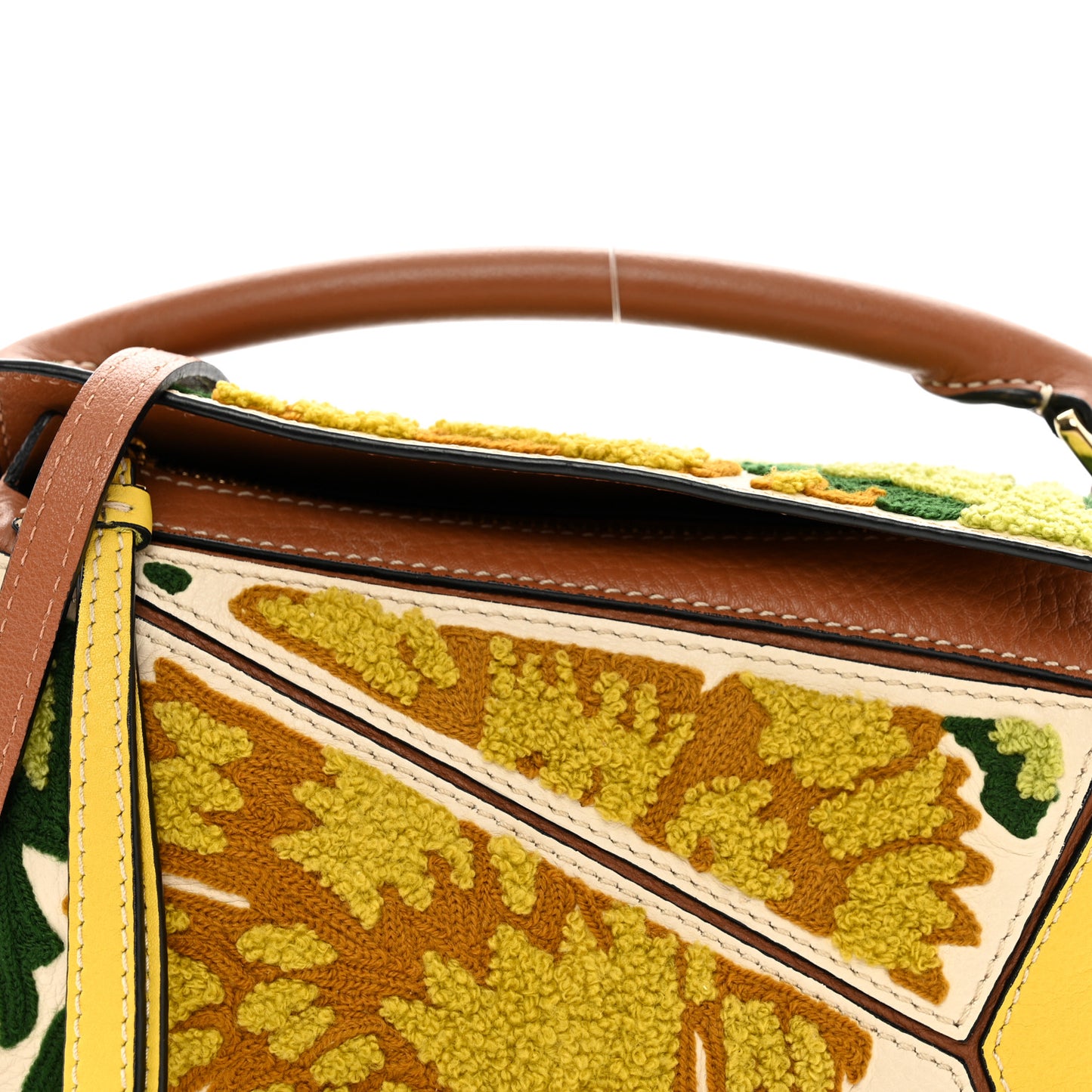 Calfskin Embroidered Floral Small Puzzle Bag Tan Yellow