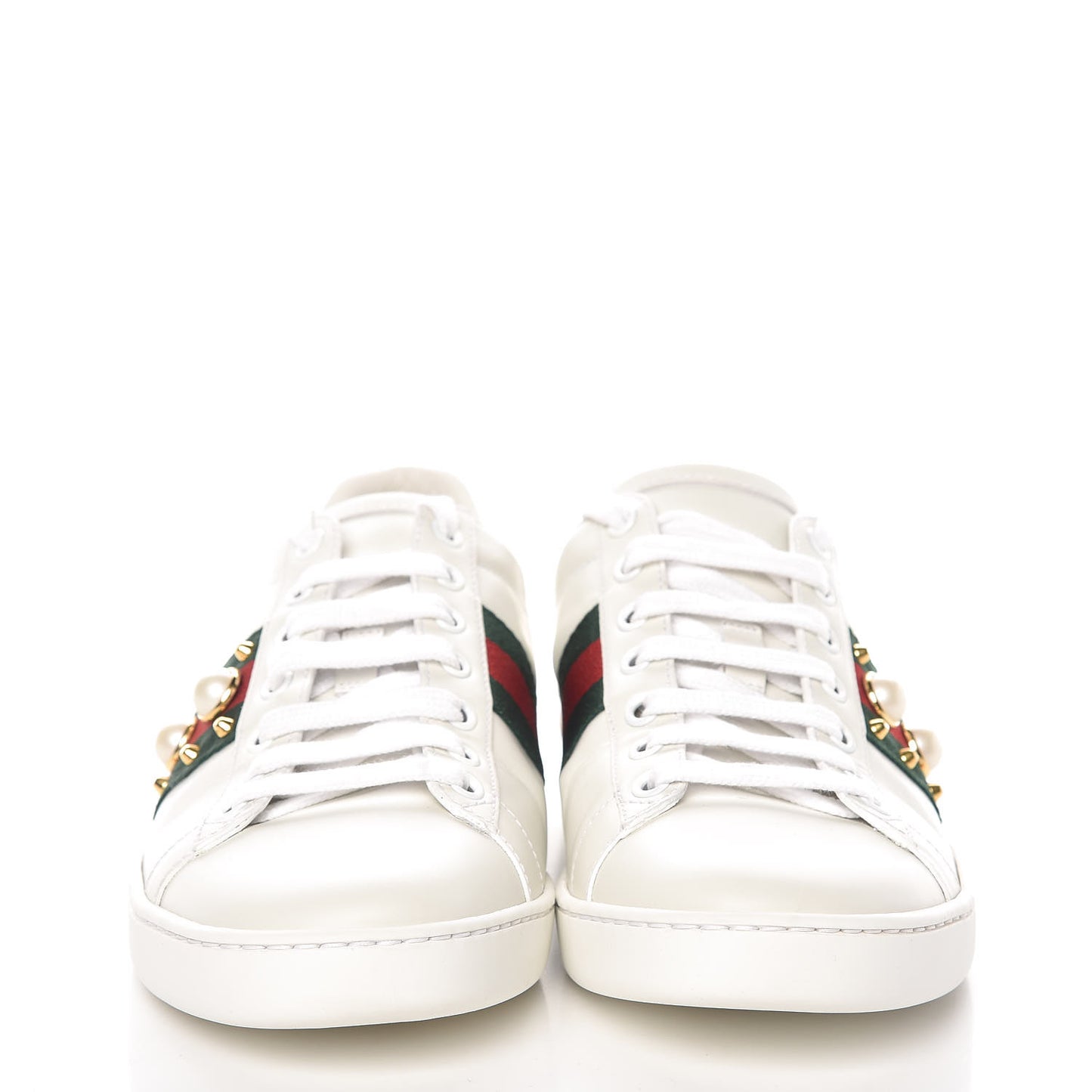 Calfskin Web Pearl Studded Ace Sneakers 38 White