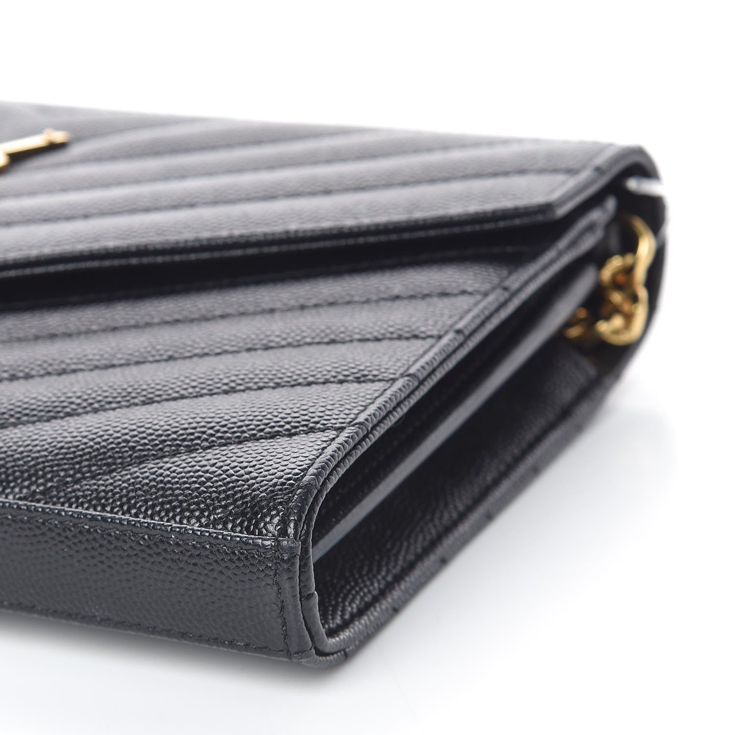 Saint Laurent Grain De Poudre Matelasse Chevron Monogram Chain Wallet Black 6 of 12