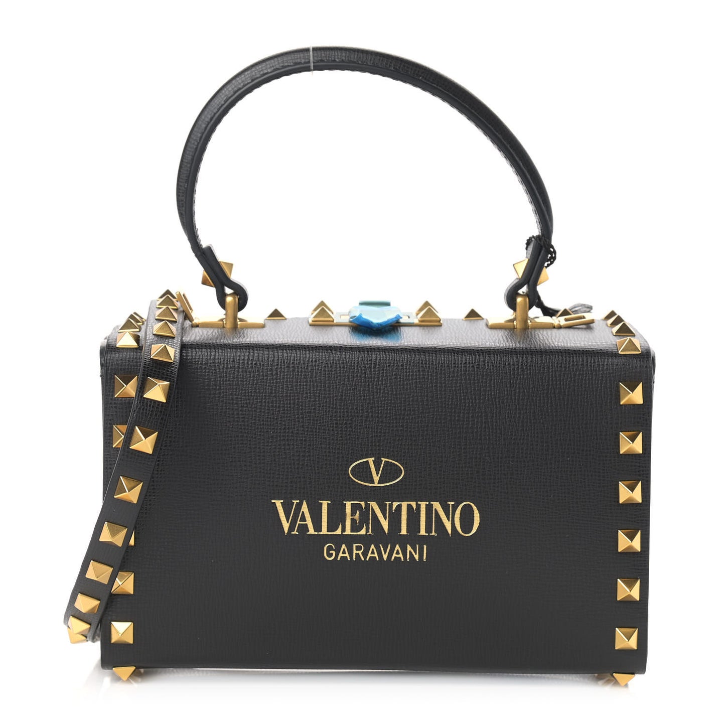 Grainy Calfskin Rockstud Alcove Box Top-Handle Bag Black