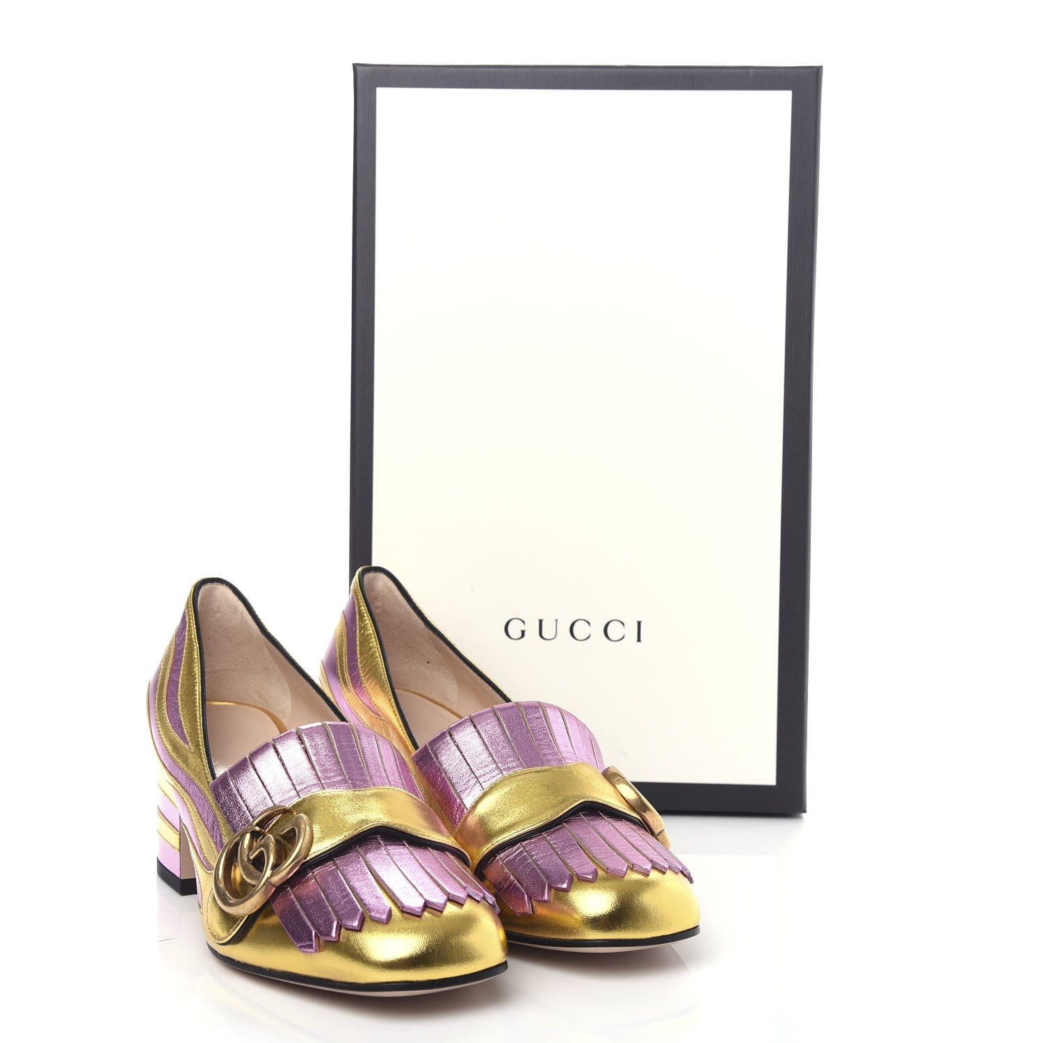 Gucci Metallic Nappa Inlay GG Marmont Fringe 50mm Loafer Pumps 35.5 Oro Vecchio Rosa 11 of 12