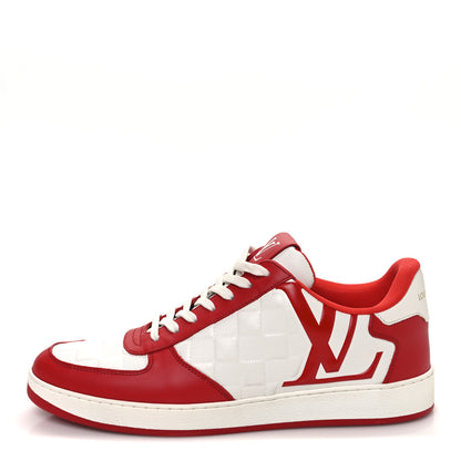 Louis Vuitton Calfskin Maxi Damier Mens Rivoli Sneakers 8 Orange White 1 of 12