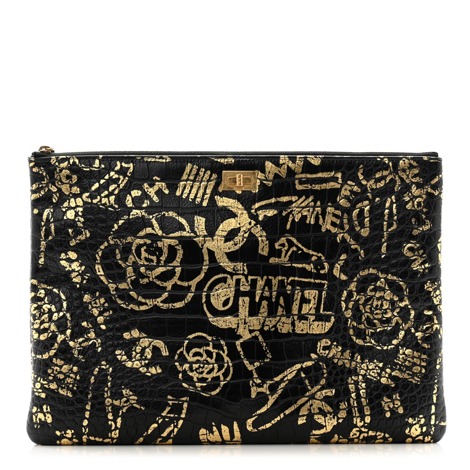 Chanel Calfskin Crocodile Embossed Graffiti 2.55 Large Cocodile Reissue Cosmetic Case Black Gold 1 of 11