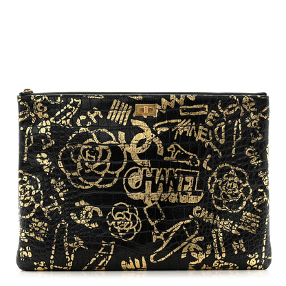 Chanel Calfskin Crocodile Embossed Graffiti 2.55 Large Cocodile Reissue Cosmetic Case Black Gold 1 of 11