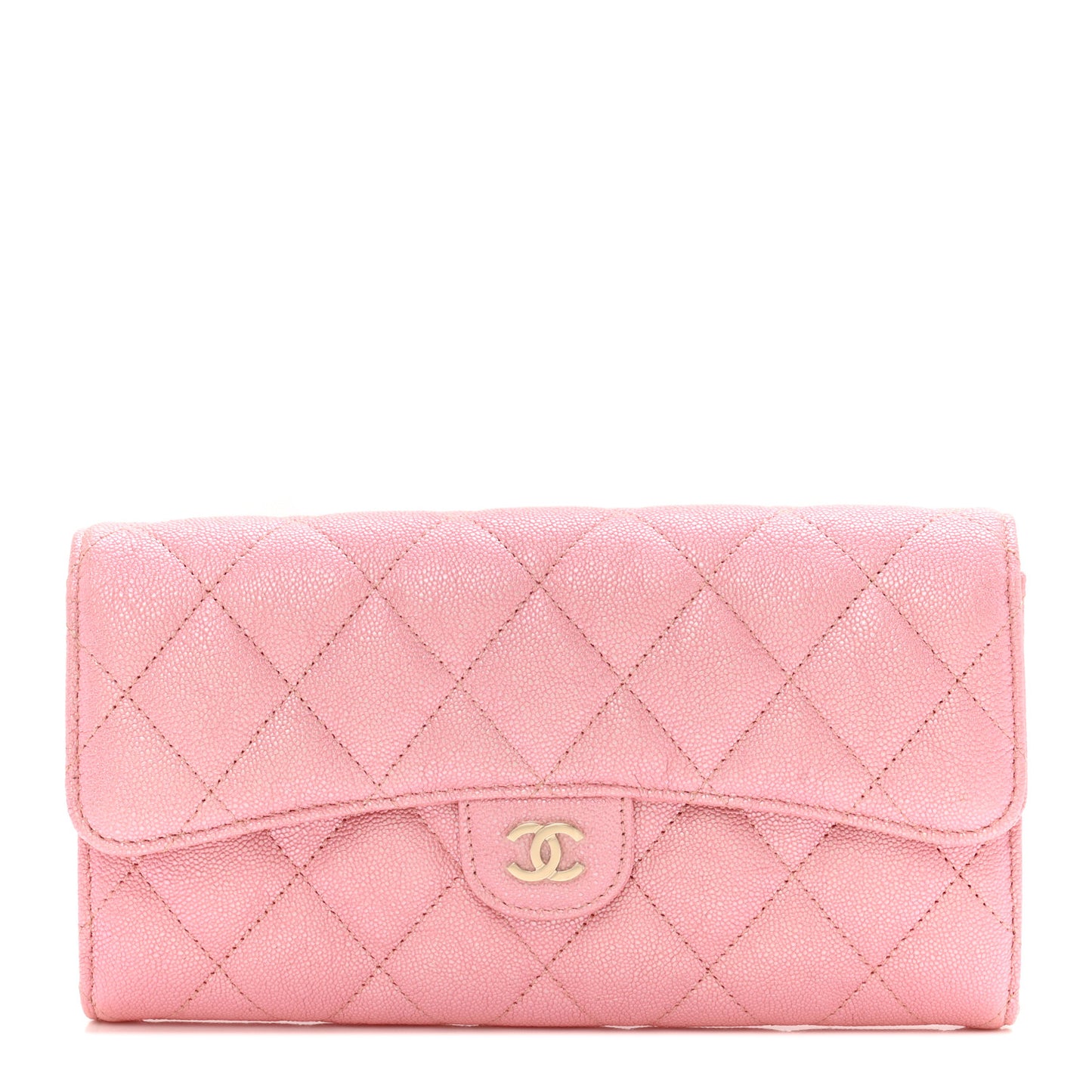 Iridescent Caviar Quilted Long Gusset Flap Wallet Rose Pink