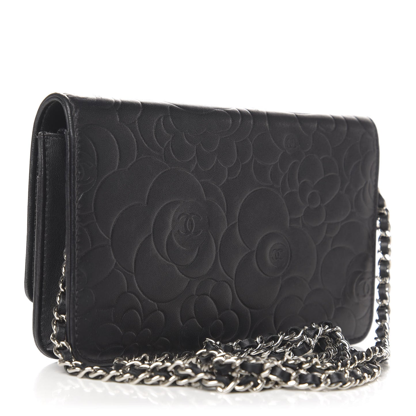 Goatskin Camellia Embossed Wallet on Chain WOC Black