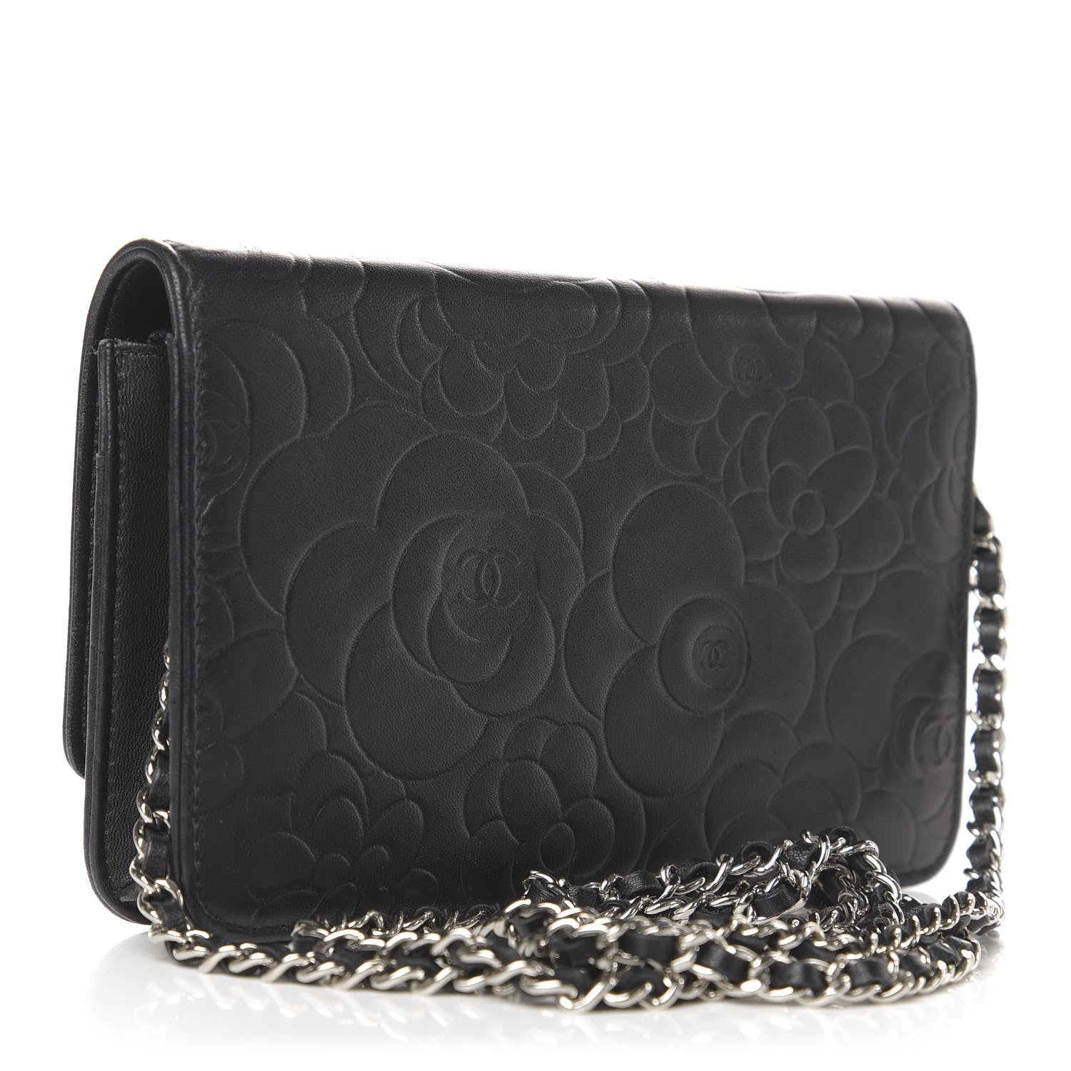 Chanel Goatskin Camellia Embossed Wallet on Chain WOC Black 4 of 15