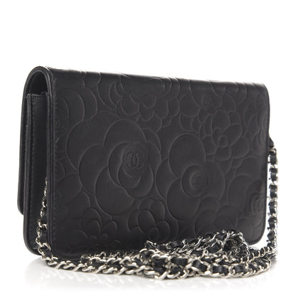 Chanel Goatskin Camellia Embossed Wallet on Chain WOC Black 4 of 15